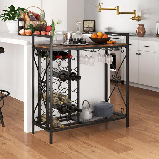 21-Bottle Wine Rack Freestanding Floor, Wine Bar Table with 6-Glass Wine Glass Holder, Industrial Wine Display Storage Shelf, Liquor Coffee Bar Cabinet for Home, Dining Room (Rustic Brown)