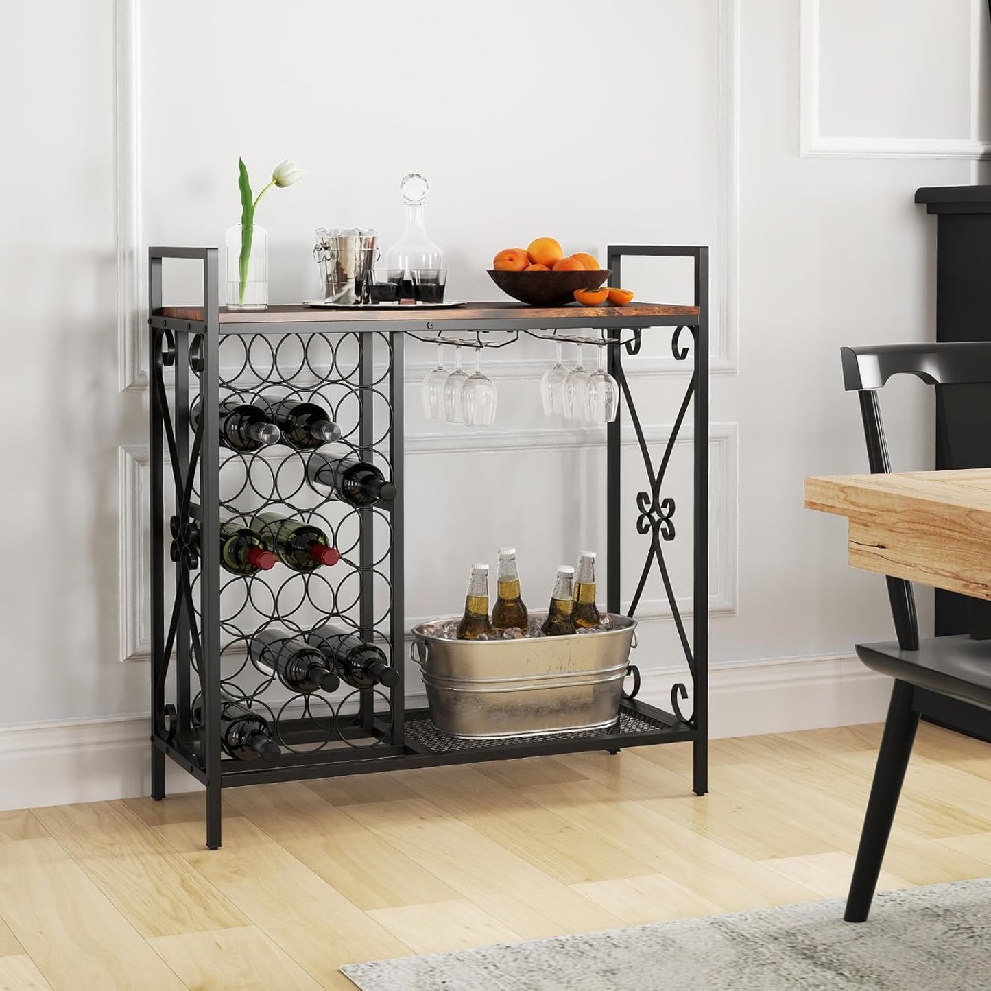 21-Bottle Wine Rack Freestanding Floor, Wine Bar Table with 6-Glass Wine Glass Holder, Industrial Wine Display Storage Shelf, Liquor Coffee Bar Cabinet for Home, Dining Room (Rustic Brown)