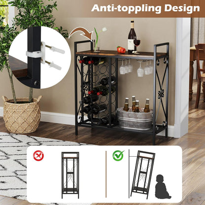 21-Bottle Wine Rack Freestanding Floor, Wine Bar Table with 6-Glass Wine Glass Holder, Industrial Wine Display Storage Shelf, Liquor Coffee Bar Cabinet for Home, Dining Room (Rustic Brown)