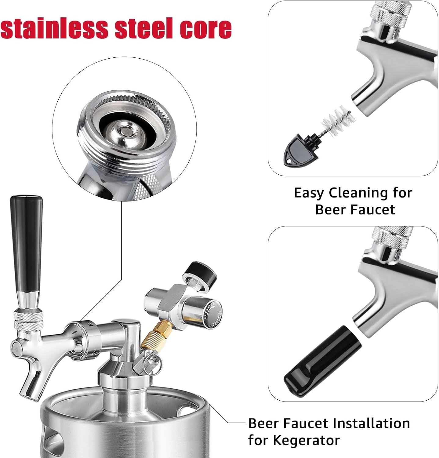 Beer Faucet, Stainless Steel Draft Beer Tap for Kegerator, Beer Tower, with Handle & Plug