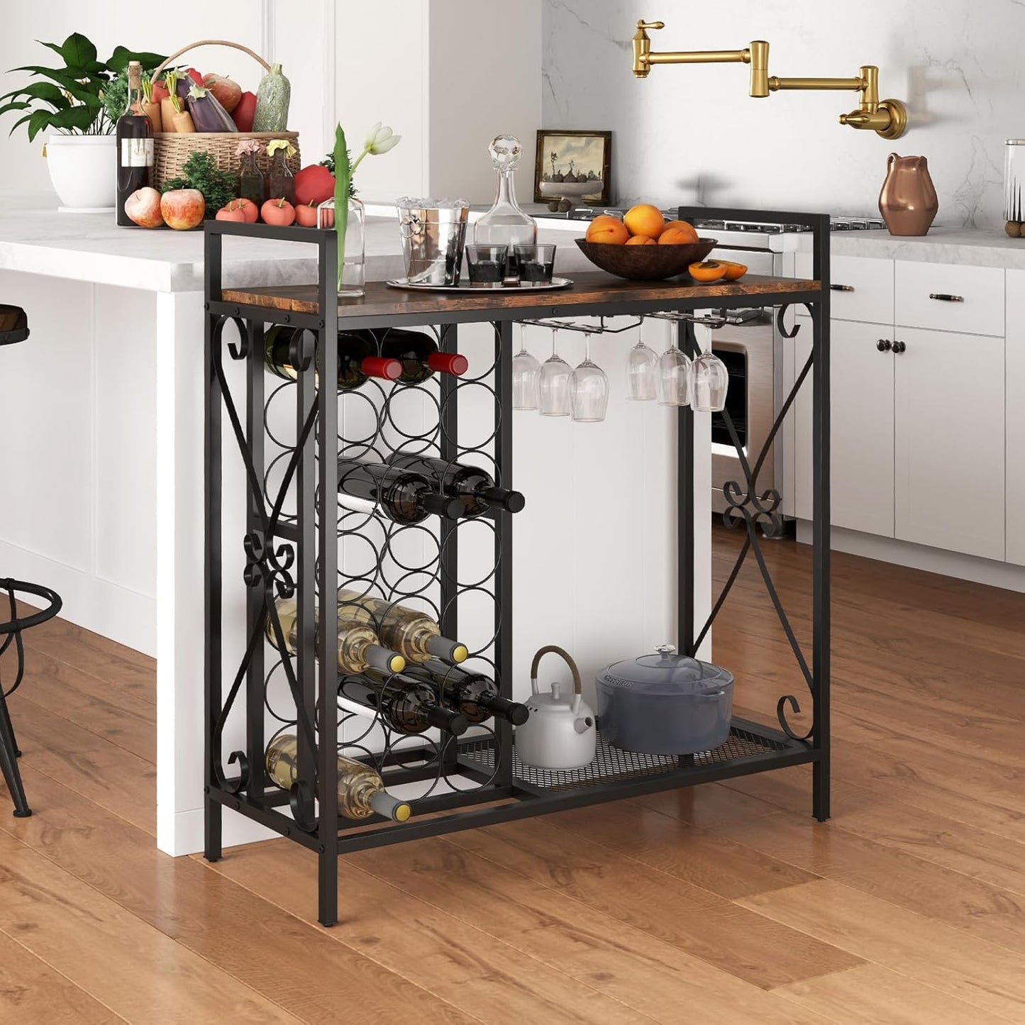 21-Bottle Wine Rack Freestanding Floor, Wine Bar Table with 6-Glass Wine Glass Holder, Industrial Wine Display Storage Shelf, Liquor Coffee Bar Cabinet for Home, Dining Room (Rustic Brown)