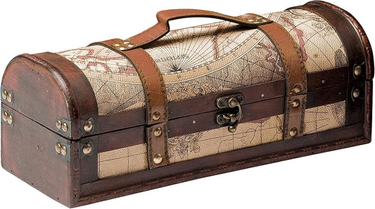 Old World Wine Bottle Gift Box, Wooden Wine Box with Lid and Handle, Wood, Faux Leather, Antique Map Design, Holds 1 Bottle