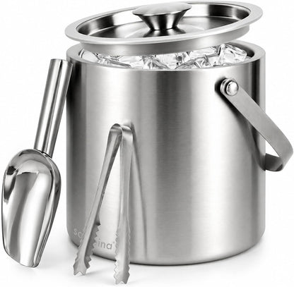 3L Double-Wall Stainless Steel Ice Bucket with Lid, Scoop, Tongs & Handle – Insulated Ice Container for Parties, Bar, and Camping – Keeps Ice Frozen Longer