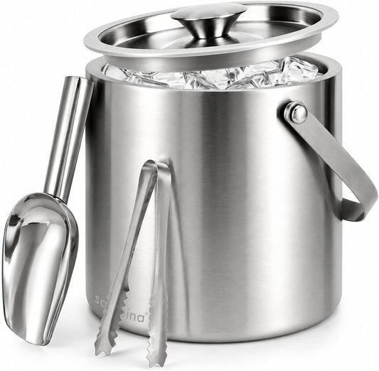 3L Double-Wall Stainless Steel Ice Bucket with Lid, Scoop, Tongs & Handle – Insulated Ice Container for Parties, Bar, and Camping – Keeps Ice Frozen Longer