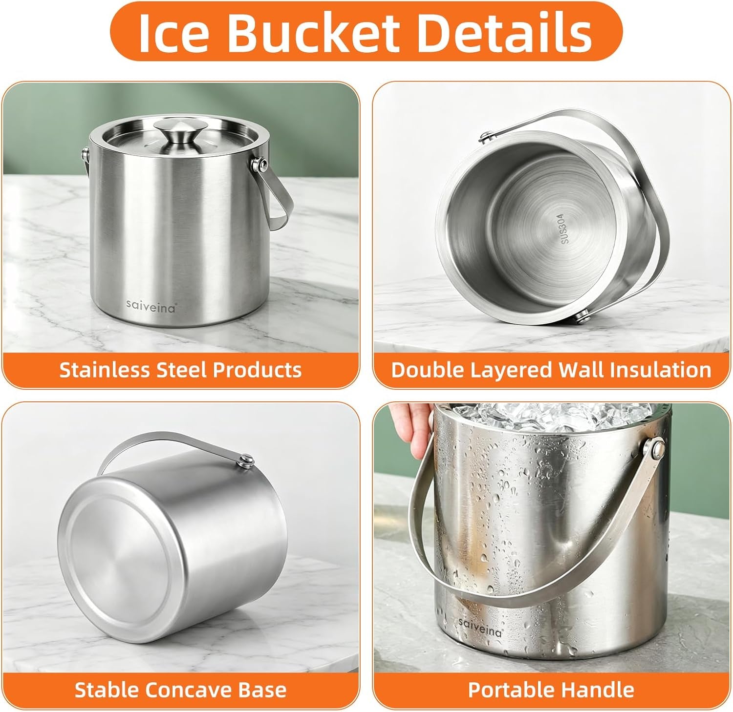 3L Double-Wall Stainless Steel Ice Bucket with Lid, Scoop, Tongs & Handle – Insulated Ice Container for Parties, Bar, and Camping – Keeps Ice Frozen Longer