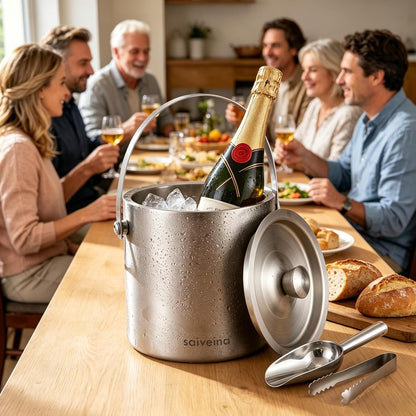 3L Double-Wall Stainless Steel Ice Bucket with Lid, Scoop, Tongs & Handle – Insulated Ice Container for Parties, Bar, and Camping – Keeps Ice Frozen Longer