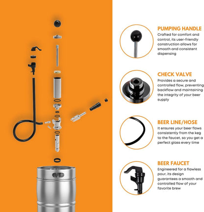 4-Inch Party Pump, Stainless Steel Probe, Heavy Duty 4" Beer Tap, Complete D-System Keg Coupler and Beer Line and Beer Faucet, Beer Keg Tap, Premium Quality Picnic Pump, Keg Pump, Beer Pump