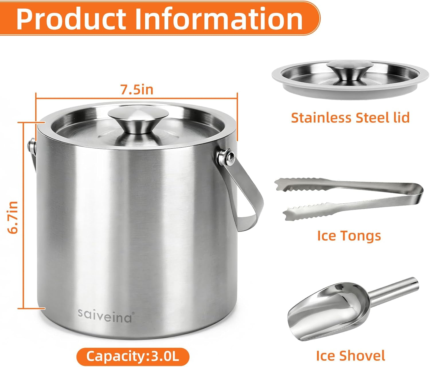 3L Double-Wall Stainless Steel Ice Bucket with Lid, Scoop, Tongs & Handle – Insulated Ice Container for Parties, Bar, and Camping – Keeps Ice Frozen Longer
