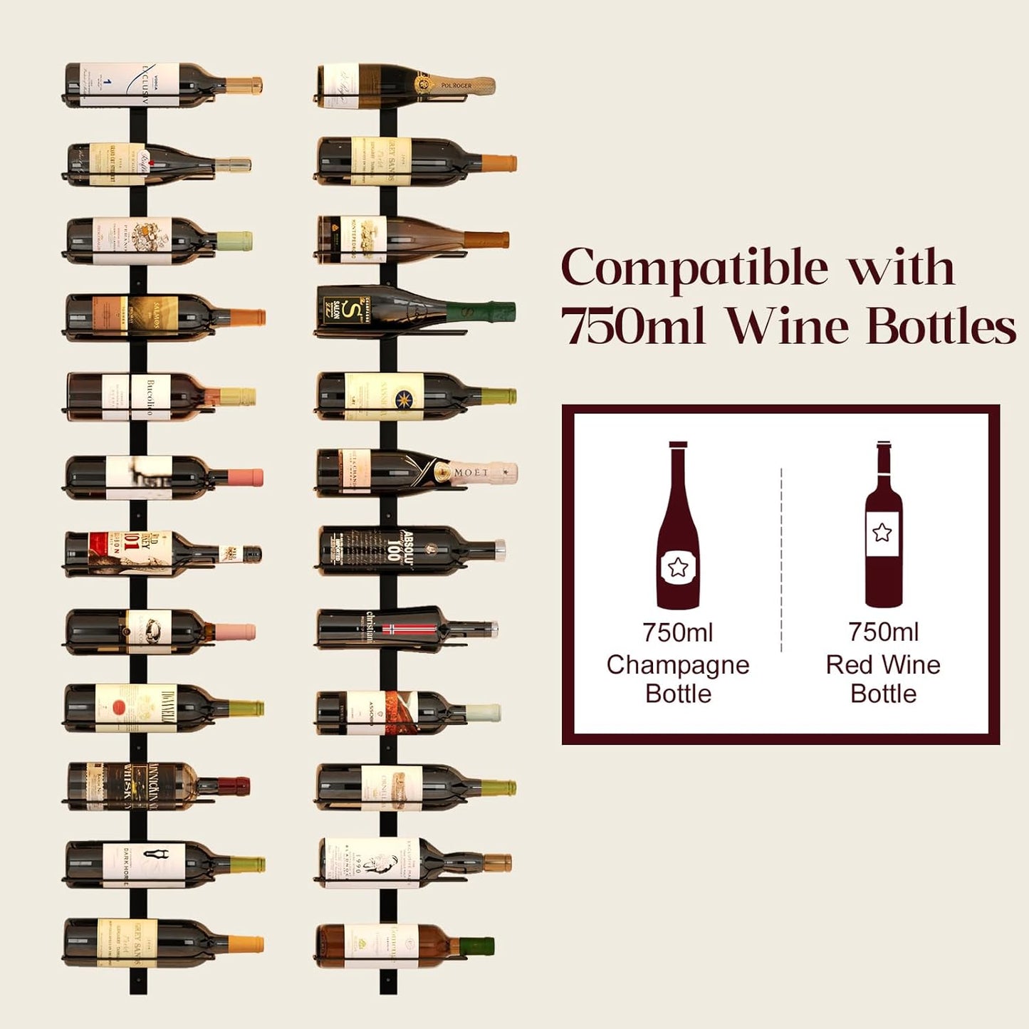 24 Bottles Wall Mounted Wine Rack, Detachable Wall Hanging Bottle Holder, Use as One or Four, DIY Display, Storage Racks for Wine, for Restaurant, Bar, Cellar
