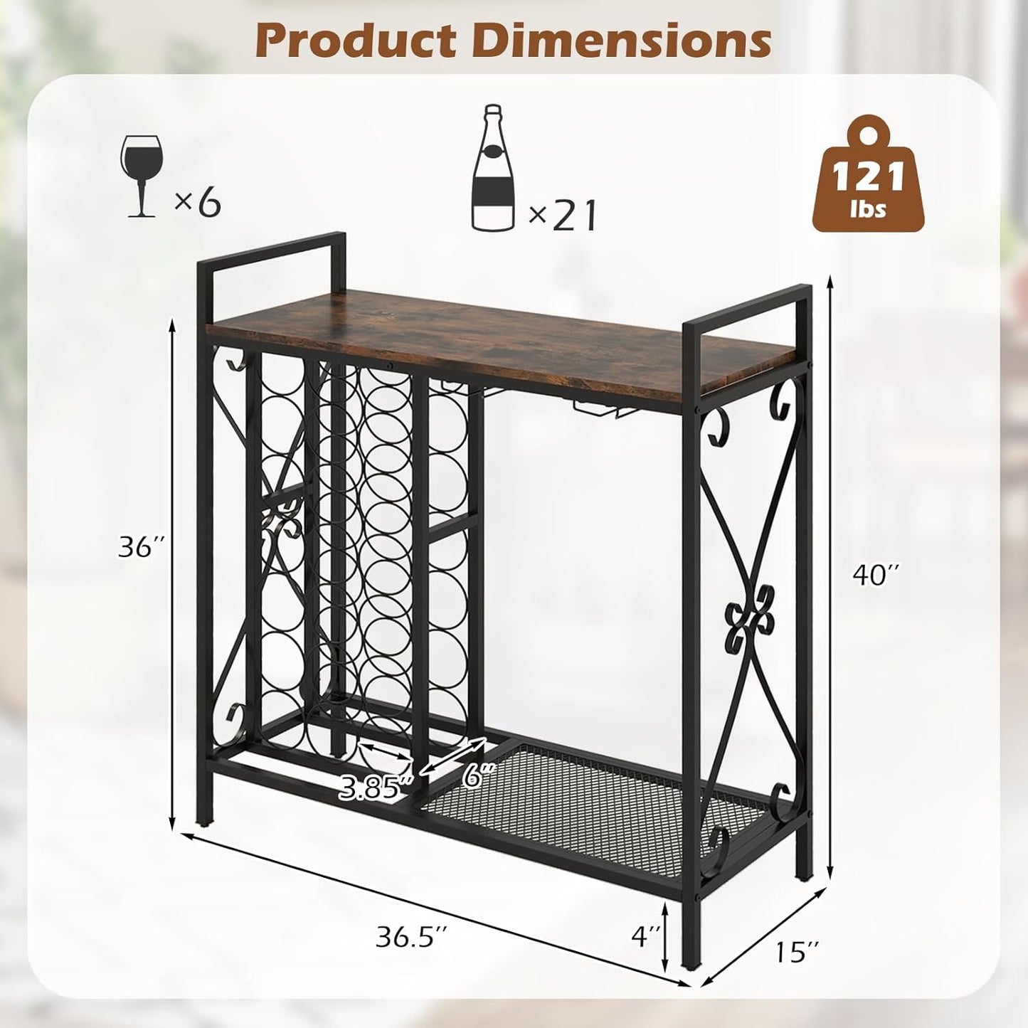 21-Bottle Wine Rack Freestanding Floor, Wine Bar Table with 6-Glass Wine Glass Holder, Industrial Wine Display Storage Shelf, Liquor Coffee Bar Cabinet for Home, Dining Room (Rustic Brown)