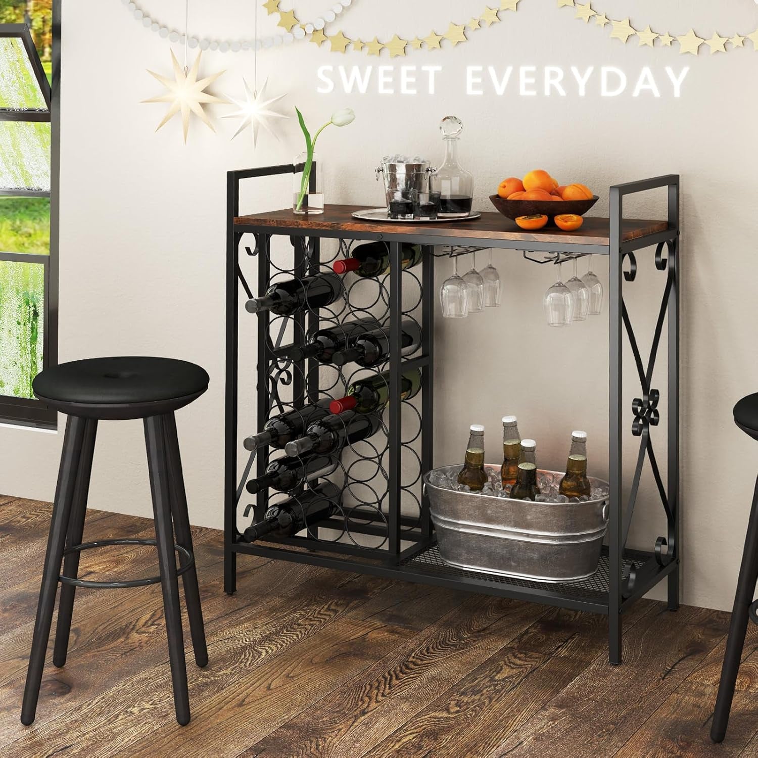 21-Bottle Wine Rack Freestanding Floor, Wine Bar Table with 6-Glass Wine Glass Holder, Industrial Wine Display Storage Shelf, Liquor Coffee Bar Cabinet for Home, Dining Room (Rustic Brown)