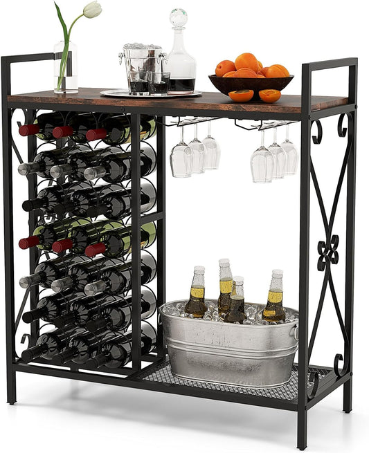 21-Bottle Wine Rack Freestanding Floor, Wine Bar Table with 6-Glass Wine Glass Holder, Industrial Wine Display Storage Shelf, Liquor Coffee Bar Cabinet for Home, Dining Room (Rustic Brown)