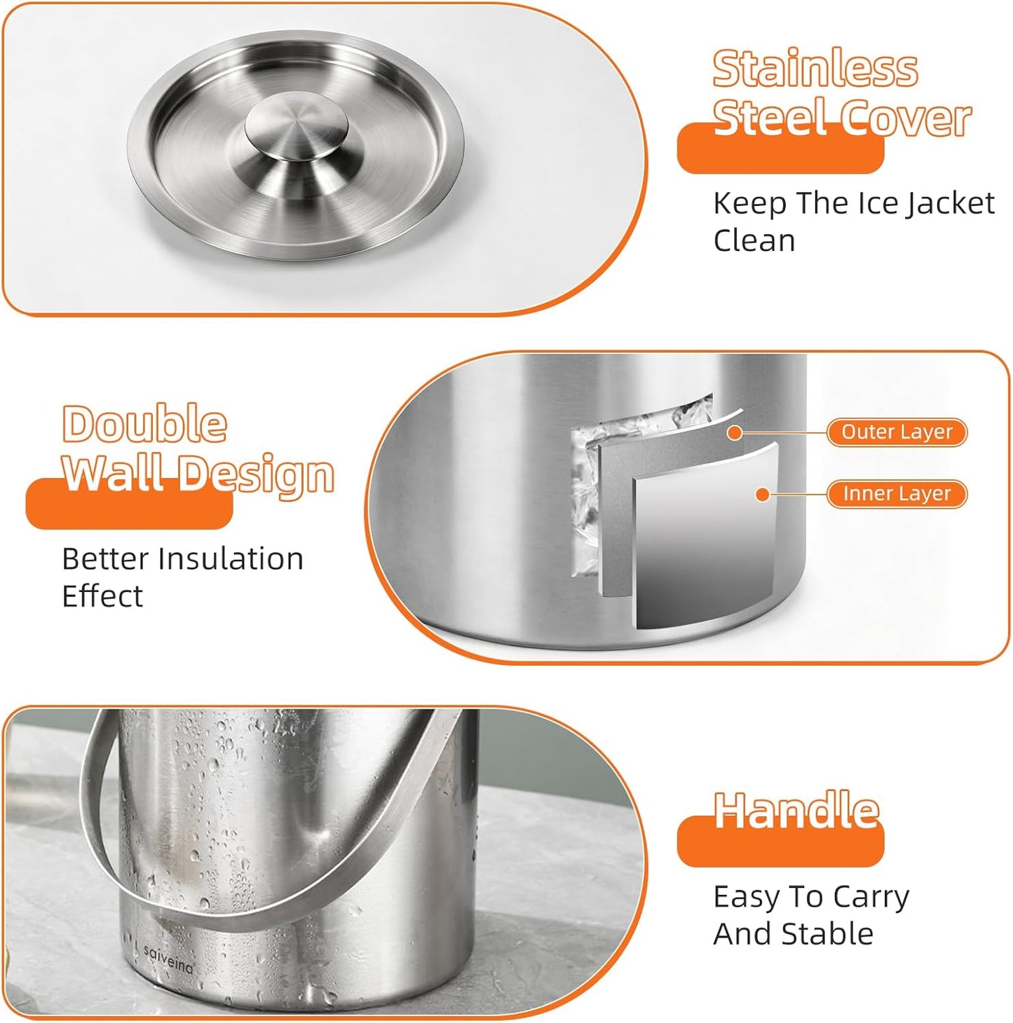 3L Double-Wall Stainless Steel Ice Bucket with Lid, Scoop, Tongs & Handle – Insulated Ice Container for Parties, Bar, and Camping – Keeps Ice Frozen Longer