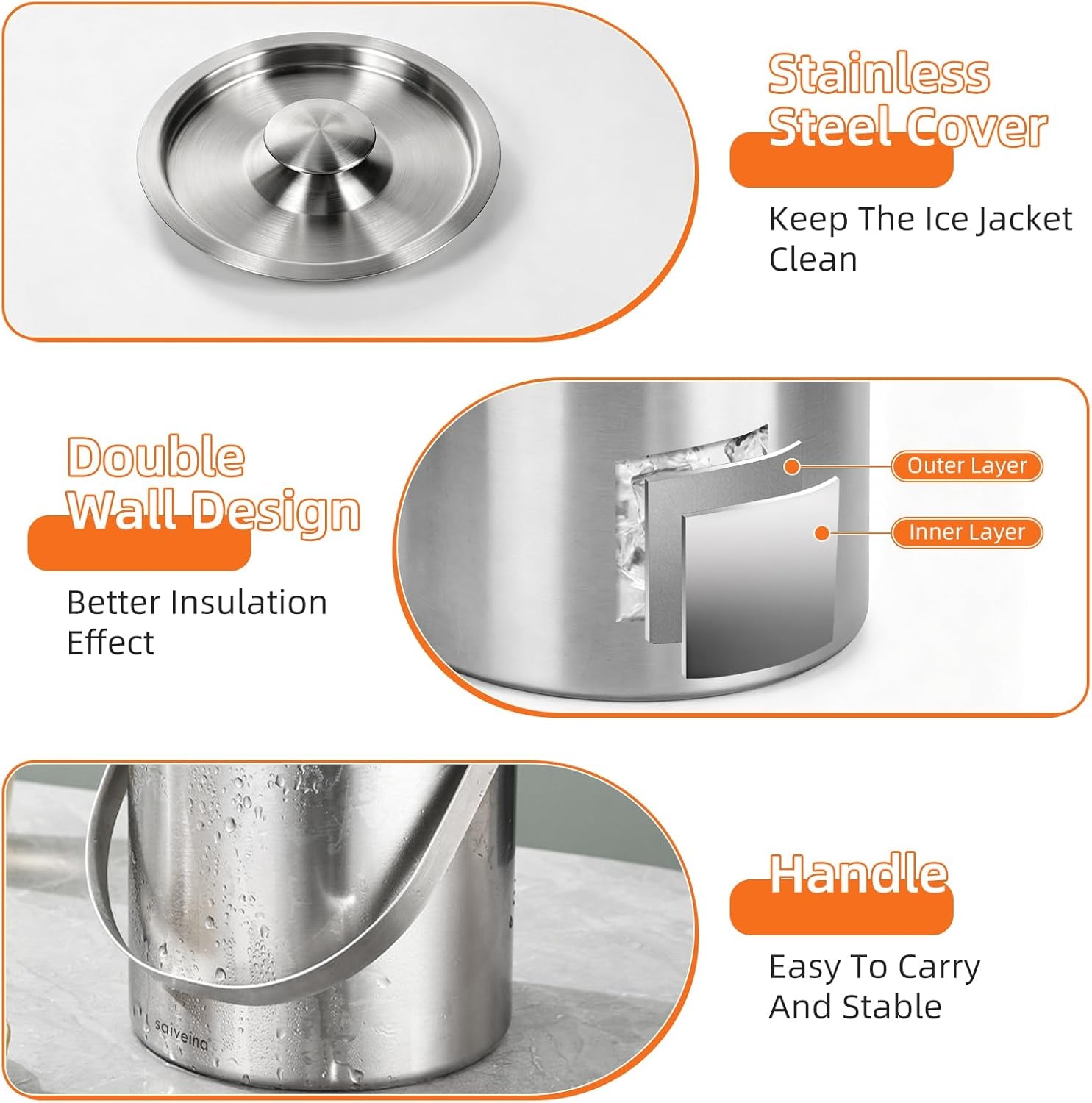 3L Double-Wall Stainless Steel Ice Bucket with Lid, Scoop, Tongs & Handle – Insulated Ice Container for Parties, Bar, and Camping – Keeps Ice Frozen Longer