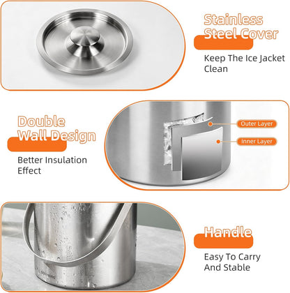 3L Double-Wall Stainless Steel Ice Bucket with Lid, Scoop, Tongs & Handle – Insulated Ice Container for Parties, Bar, and Camping – Keeps Ice Frozen Longer