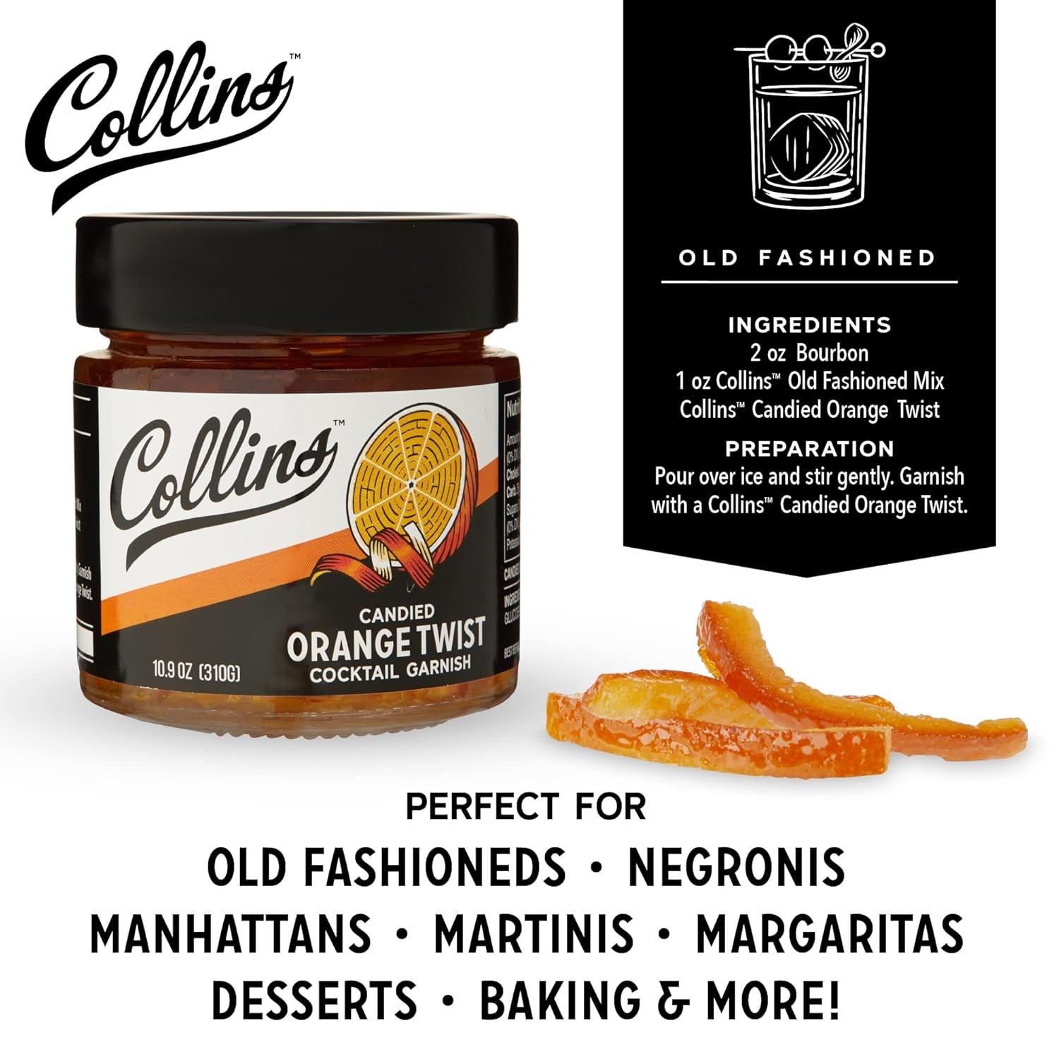 Candied Fruit Orange Peel Twist in Syrup, Popular Cocktail Garnish for Skinny Margarita, Martini, Mojito, Orange Peel for Old Fashioned Drinks, Baking, Desserts, Salad, 10.9 Oz