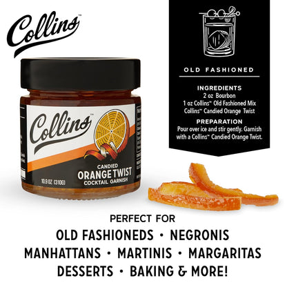 Candied Fruit Orange Peel Twist in Syrup, Popular Cocktail Garnish for Skinny Margarita, Martini, Mojito, Orange Peel for Old Fashioned Drinks, Baking, Desserts, Salad, 10.9 Oz