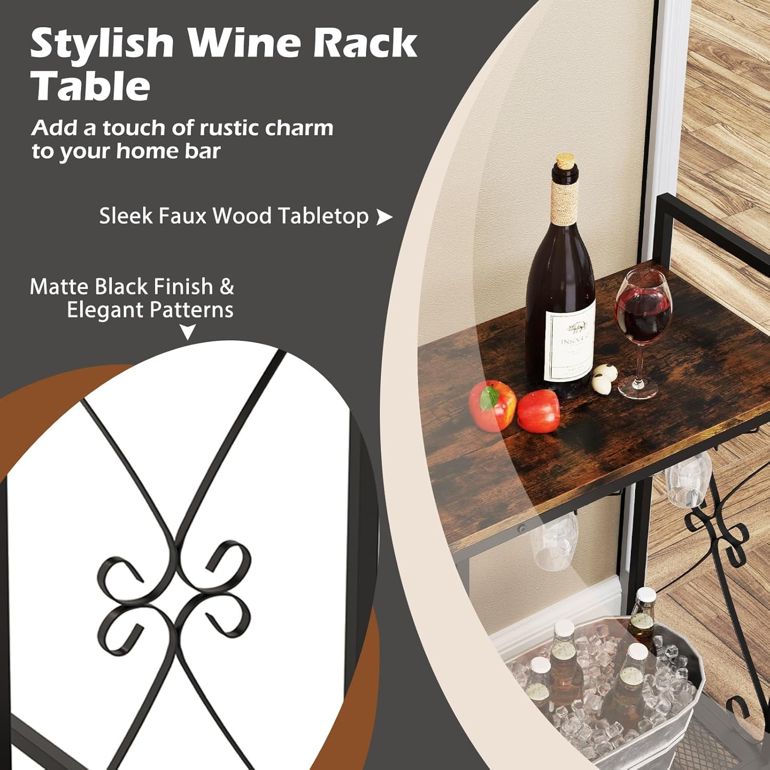 21-Bottle Wine Rack Freestanding Floor, Wine Bar Table with 6-Glass Wine Glass Holder, Industrial Wine Display Storage Shelf, Liquor Coffee Bar Cabinet for Home, Dining Room (Rustic Brown)