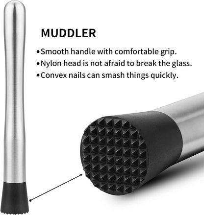 Muddler for Cocktails, 10" Muddler and Long Handle Bar Cocktail Mixing Spoon, Stainless Steel Stirrer, Bar Accessories Tools for Mojitos Fruit Drinks