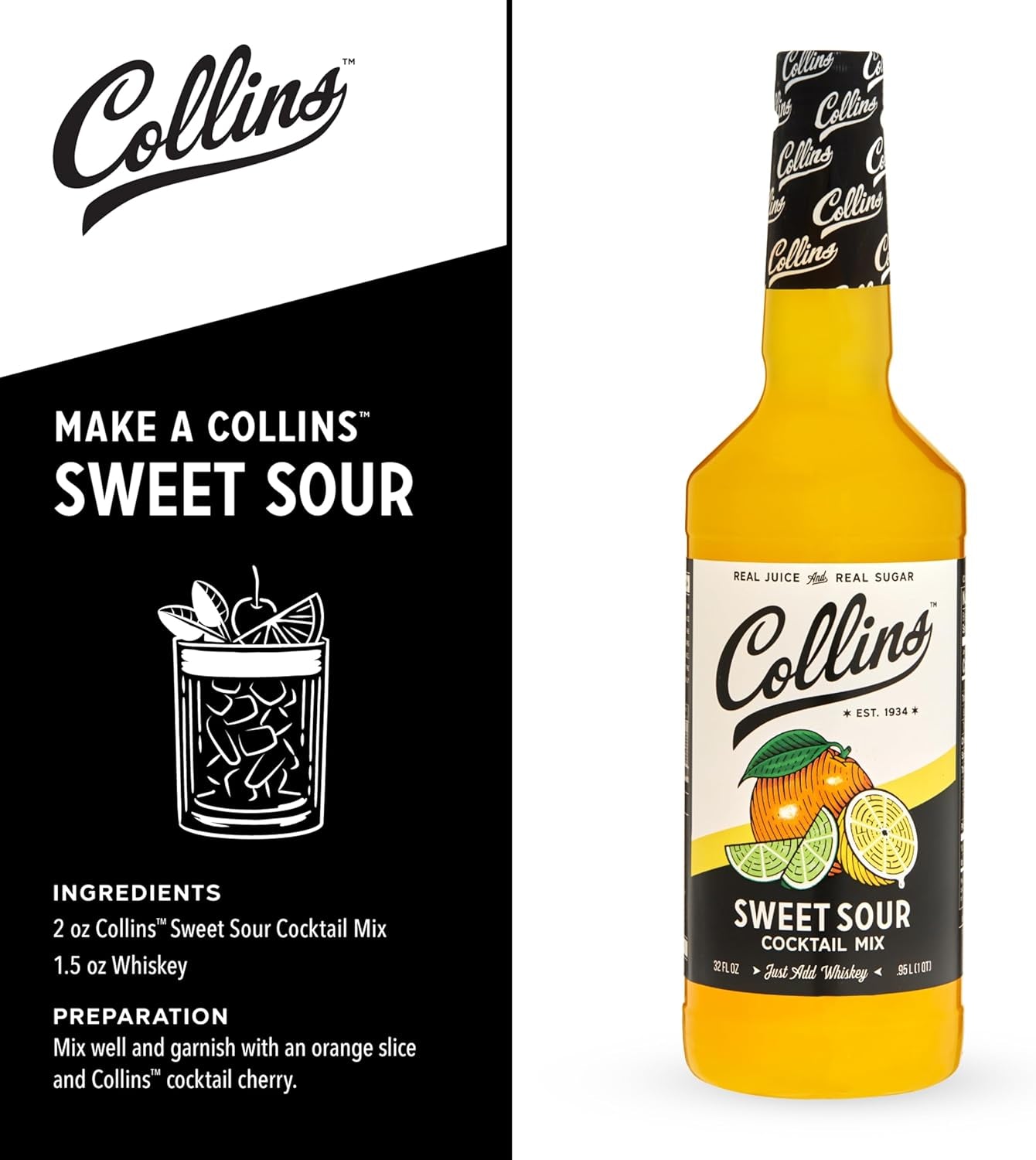 Collins Sweet and Sour Mix | Made with Real Orange and Lemon Juice | Classic Cocktail Recipe Ingredient, Home Bar Accessories Cocktail Mixers 32 Fl Oz