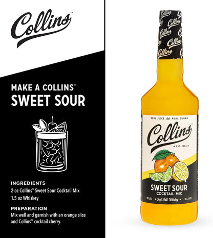 Collins Sweet and Sour Mix | Made with Real Orange and Lemon Juice | Classic Cocktail Recipe Ingredient, Home Bar Accessories Cocktail Mixers 32 Fl Oz