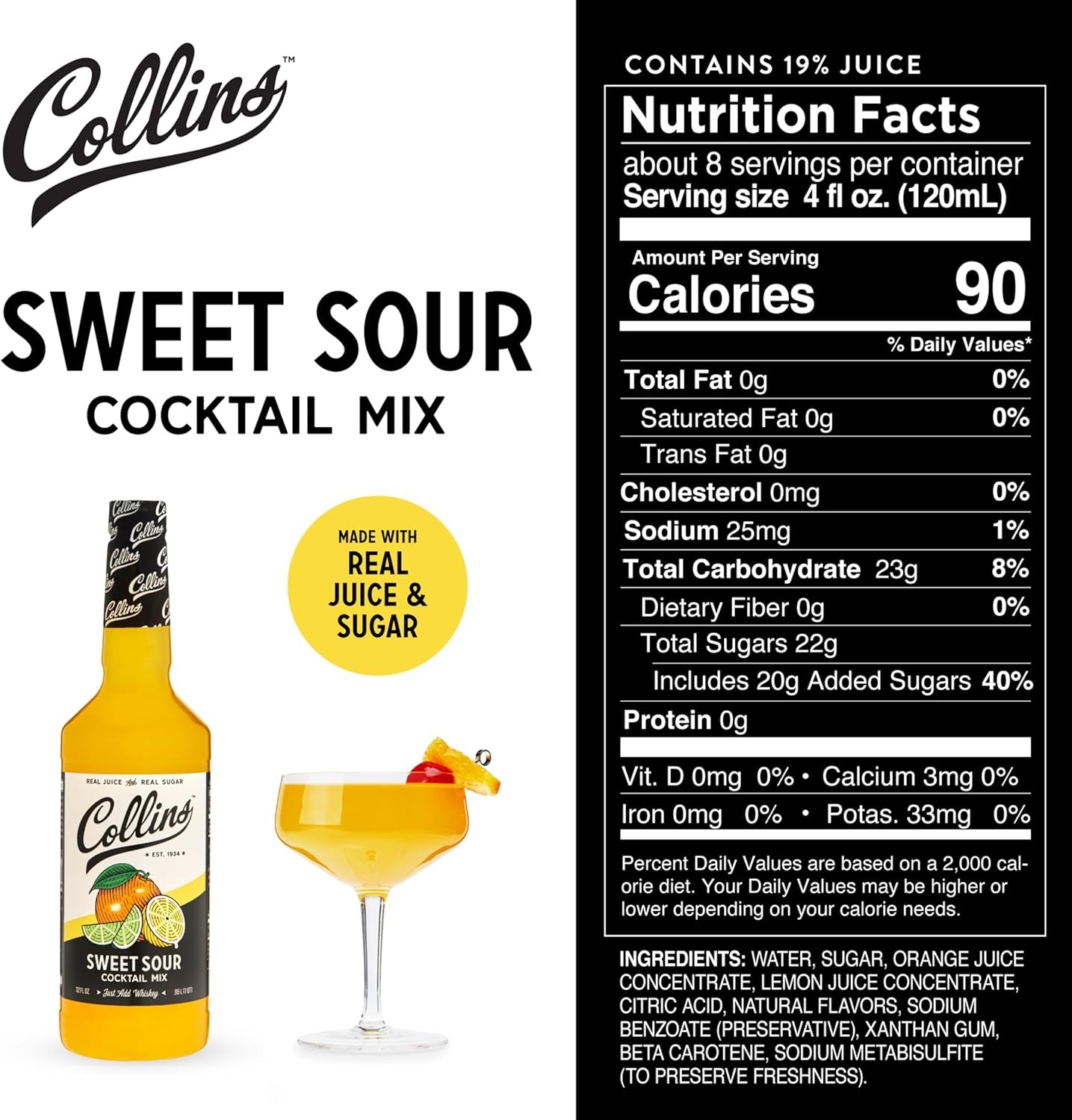 Collins Sweet and Sour Mix | Made with Real Orange and Lemon Juice | Classic Cocktail Recipe Ingredient, Home Bar Accessories Cocktail Mixers 32 Fl Oz