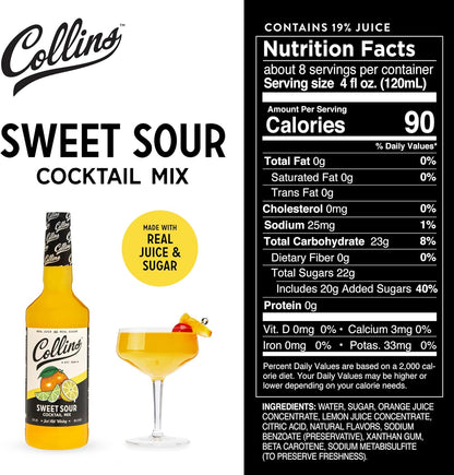 Collins Sweet and Sour Mix | Made with Real Orange and Lemon Juice | Classic Cocktail Recipe Ingredient, Home Bar Accessories Cocktail Mixers 32 Fl Oz