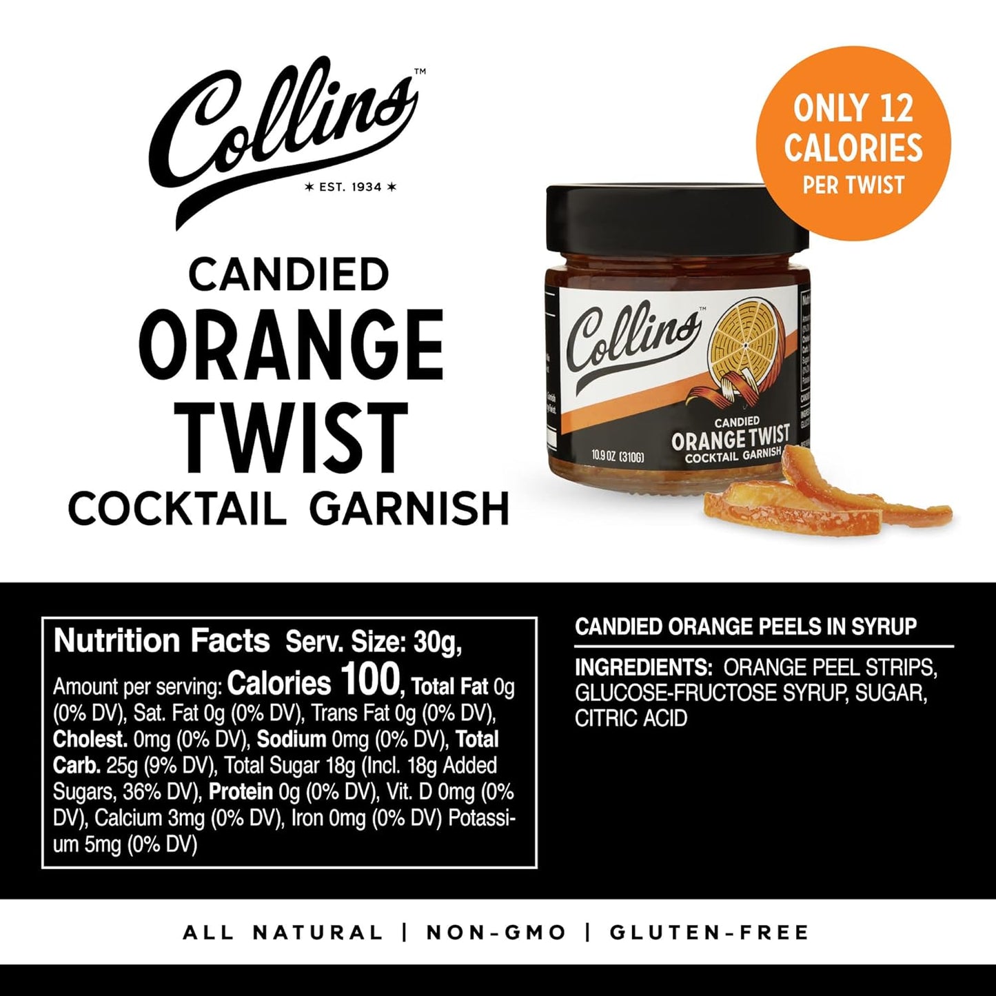 Candied Fruit Orange Peel Twist in Syrup, Popular Cocktail Garnish for Skinny Margarita, Martini, Mojito, Orange Peel for Old Fashioned Drinks, Baking, Desserts, Salad, 10.9 Oz