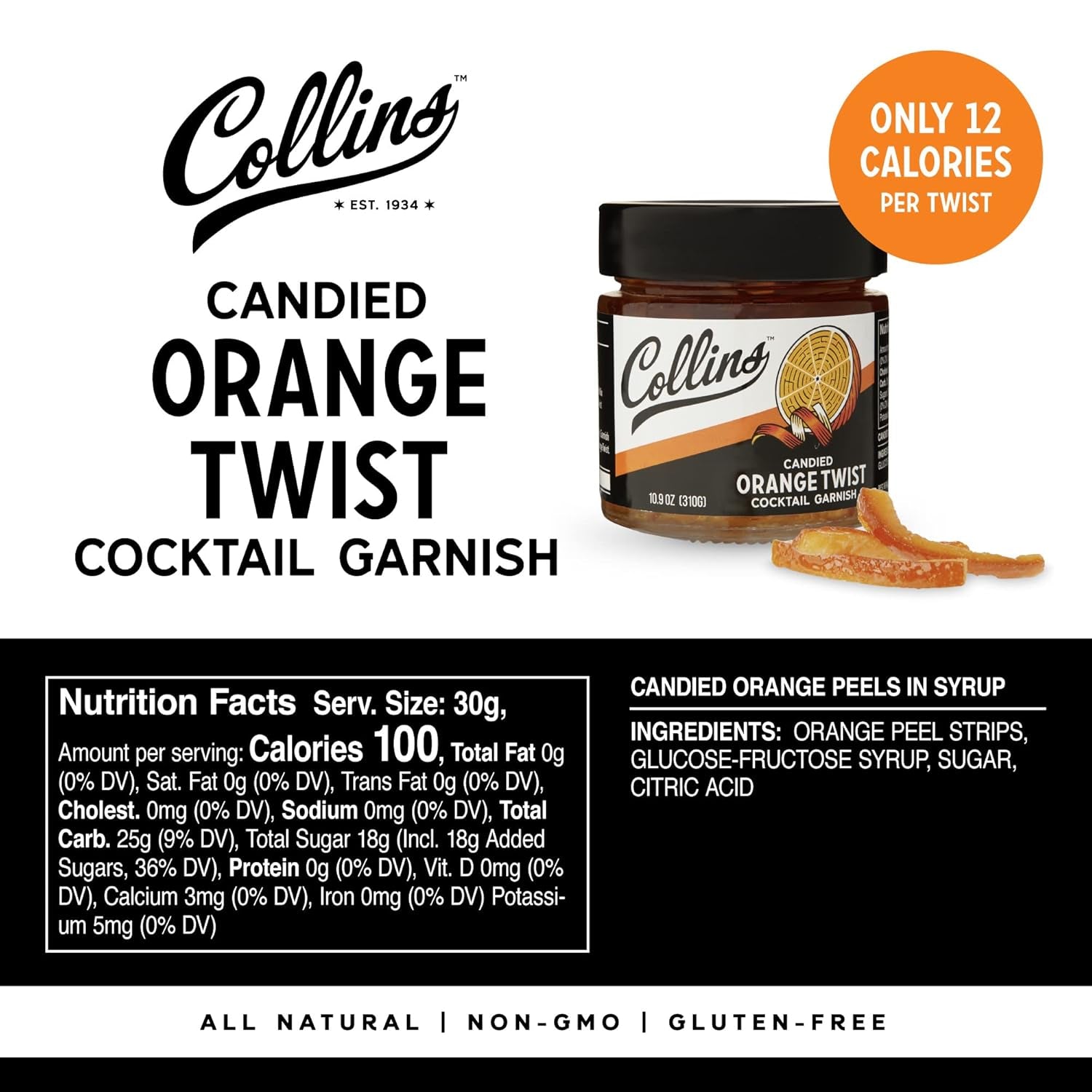 Candied Fruit Orange Peel Twist in Syrup, Popular Cocktail Garnish for Skinny Margarita, Martini, Mojito, Orange Peel for Old Fashioned Drinks, Baking, Desserts, Salad, 10.9 Oz