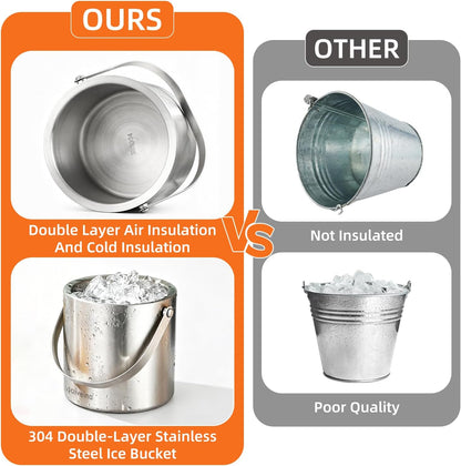 3L Double-Wall Stainless Steel Ice Bucket with Lid, Scoop, Tongs & Handle – Insulated Ice Container for Parties, Bar, and Camping – Keeps Ice Frozen Longer
