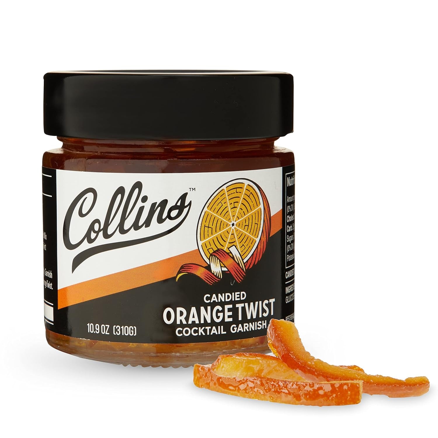 Candied Fruit Orange Peel Twist in Syrup, Popular Cocktail Garnish for Skinny Margarita, Martini, Mojito, Orange Peel for Old Fashioned Drinks, Baking, Desserts, Salad, 10.9 Oz