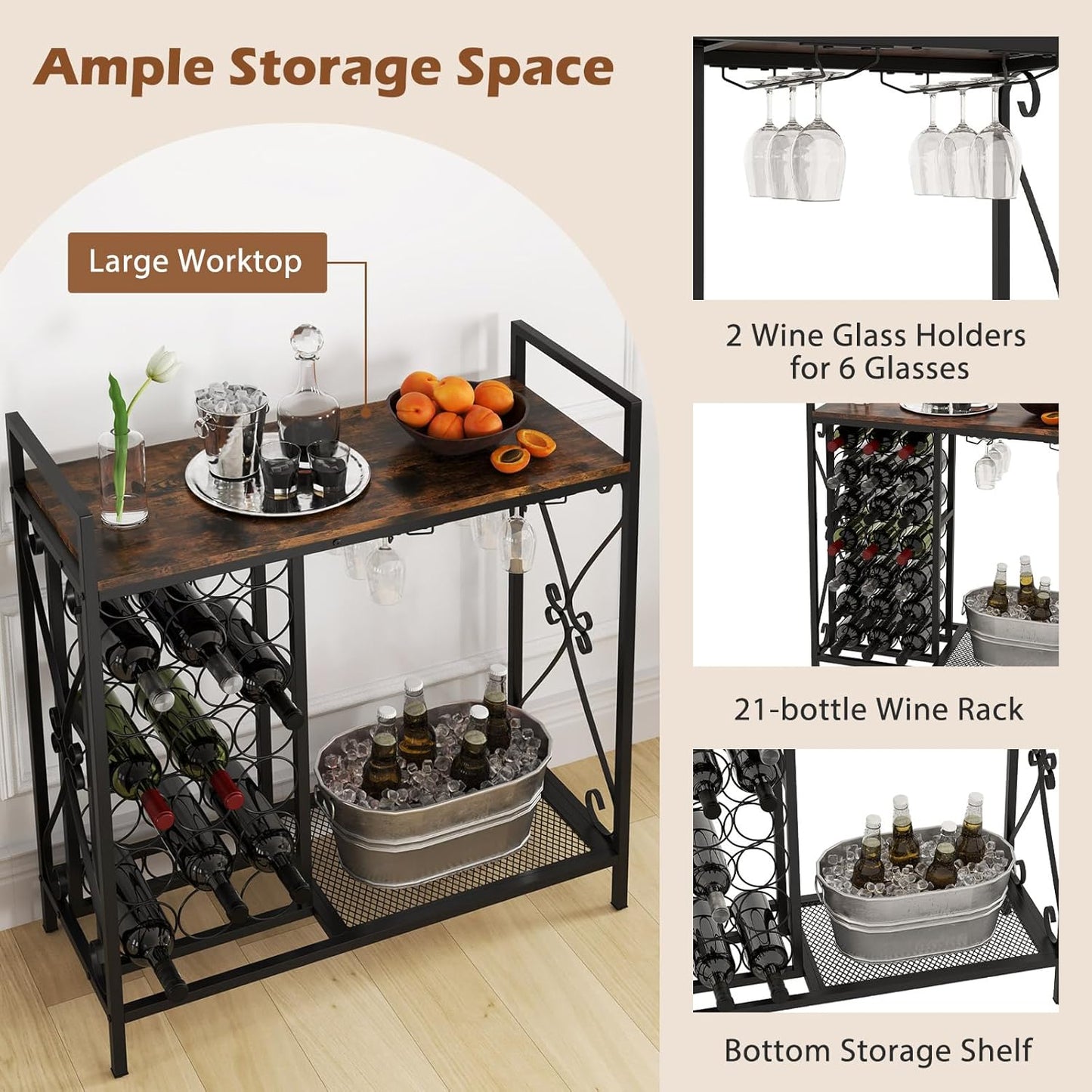 21-Bottle Wine Rack Freestanding Floor, Wine Bar Table with 6-Glass Wine Glass Holder, Industrial Wine Display Storage Shelf, Liquor Coffee Bar Cabinet for Home, Dining Room (Rustic Brown)