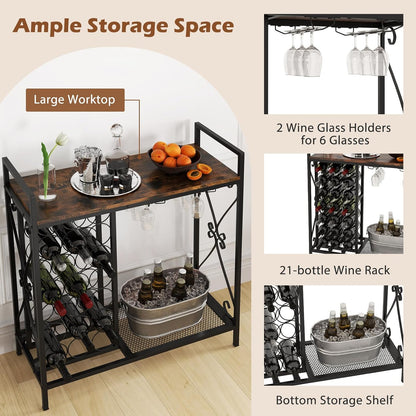 21-Bottle Wine Rack Freestanding Floor, Wine Bar Table with 6-Glass Wine Glass Holder, Industrial Wine Display Storage Shelf, Liquor Coffee Bar Cabinet for Home, Dining Room (Rustic Brown)