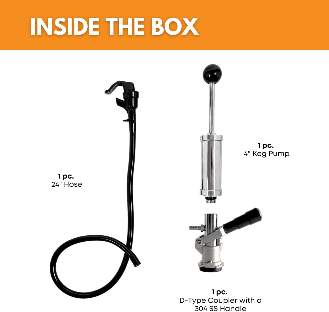 4-Inch Party Pump, Stainless Steel Probe, Heavy Duty 4" Beer Tap, Complete D-System Keg Coupler and Beer Line and Beer Faucet, Beer Keg Tap, Premium Quality Picnic Pump, Keg Pump, Beer Pump