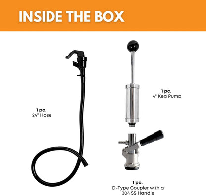 4-Inch Party Pump, Stainless Steel Probe, Heavy Duty 4" Beer Tap, Complete D-System Keg Coupler and Beer Line and Beer Faucet, Beer Keg Tap, Premium Quality Picnic Pump, Keg Pump, Beer Pump