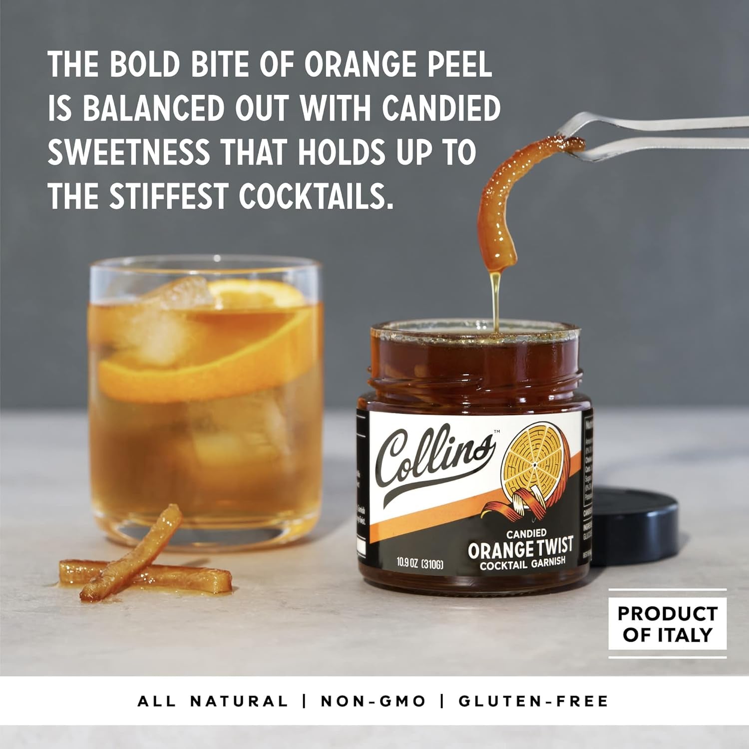 Candied Fruit Orange Peel Twist in Syrup, Popular Cocktail Garnish for Skinny Margarita, Martini, Mojito, Orange Peel for Old Fashioned Drinks, Baking, Desserts, Salad, 10.9 Oz