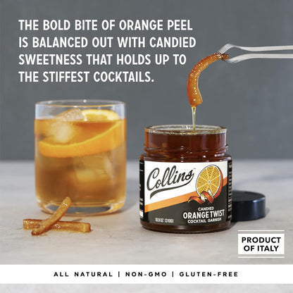 Candied Fruit Orange Peel Twist in Syrup, Popular Cocktail Garnish for Skinny Margarita, Martini, Mojito, Orange Peel for Old Fashioned Drinks, Baking, Desserts, Salad, 10.9 Oz