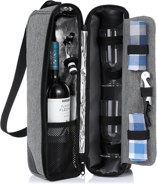 Wine Bag, Wine Cooler Bag for Gift, Wine Bottle Carrier Tote Bag Set Insulated with Cooler Compartment for Travel, Picnic, Beach with Wine Glasses, Wine Opener, Wine Stopper