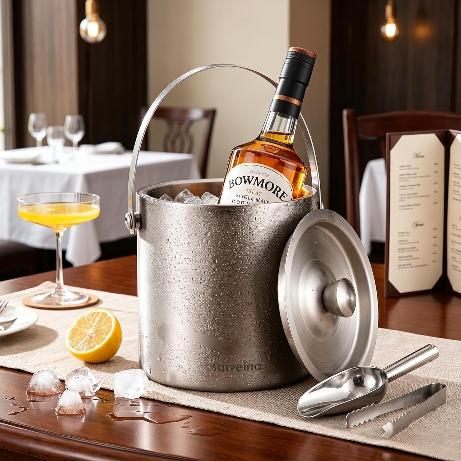 3L Double-Wall Stainless Steel Ice Bucket with Lid, Scoop, Tongs & Handle – Insulated Ice Container for Parties, Bar, and Camping – Keeps Ice Frozen Longer